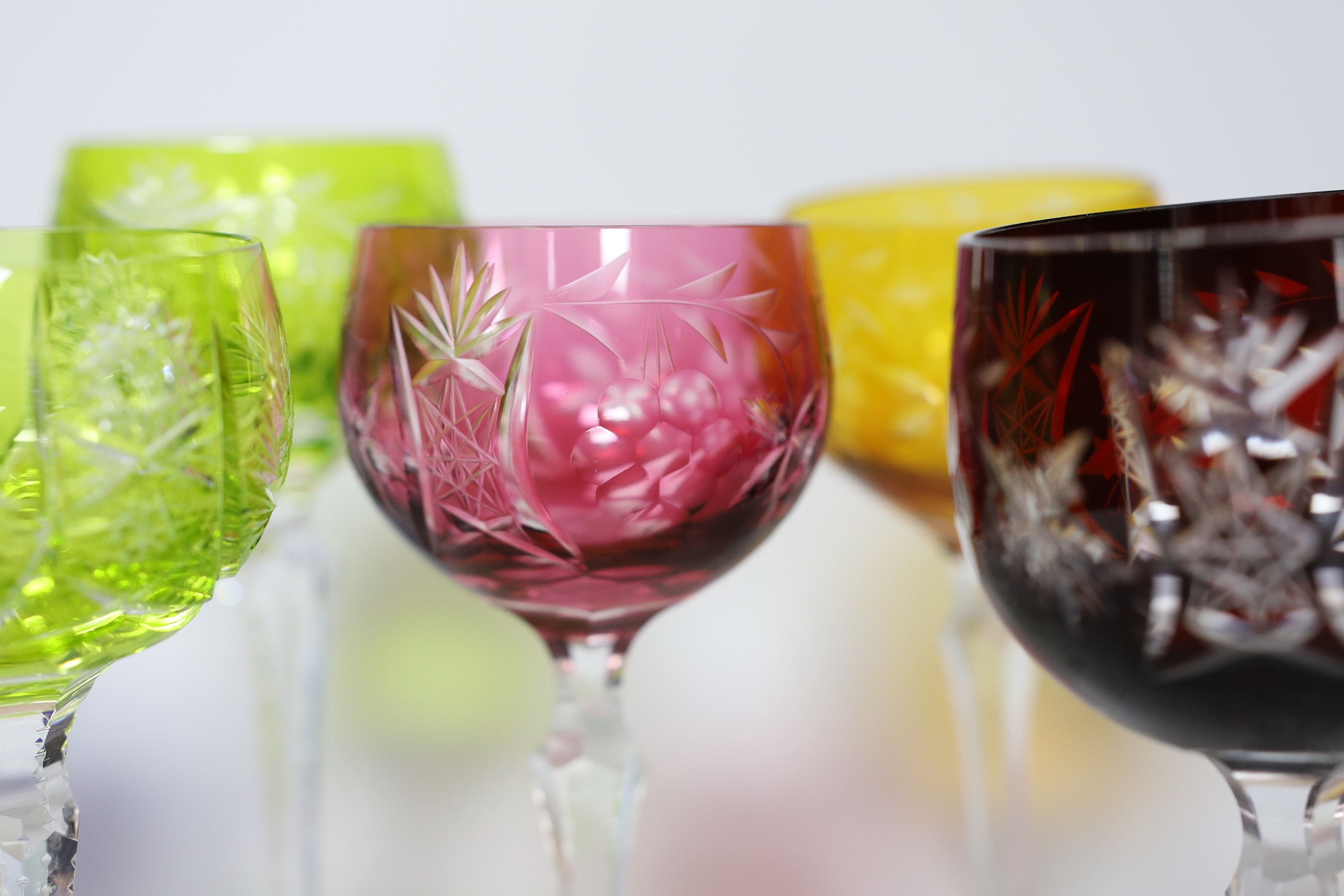 Eight coloured hock glasses